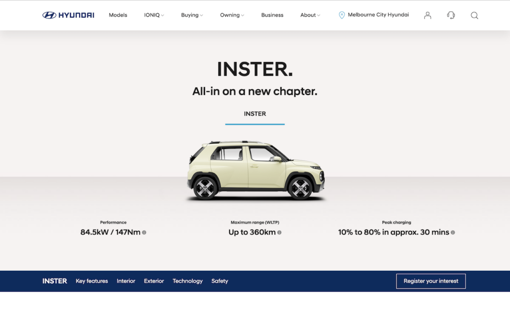 2025 Hyundai Australia Inster webpage.